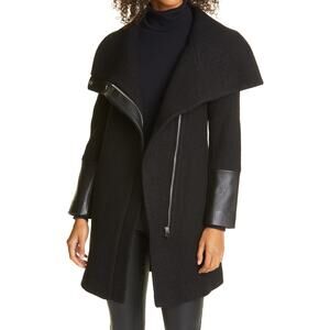 Club Monaco 'Halli' Black Asymmetrical Zip Wool & Leather Moto Coat Size L